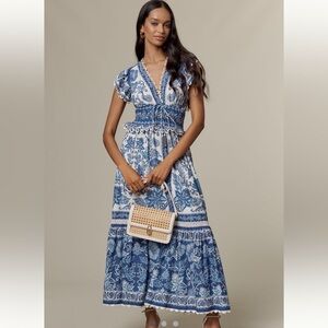 NWT - FARM Rio Shell Garden Cotton Ruffle Blue and White Floral Maxi Dress